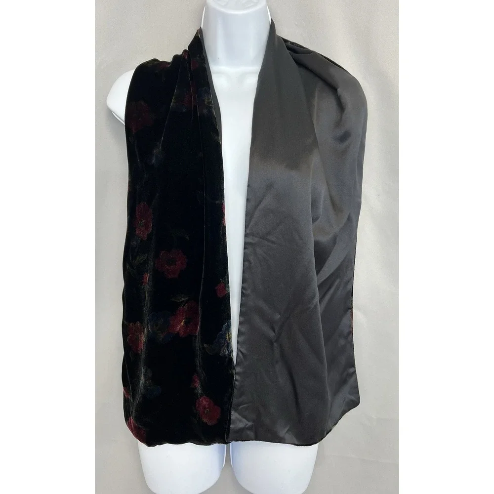 VTG Liz Claiborne Red Black Winter Velvet Silk Floral Scarf Women 58